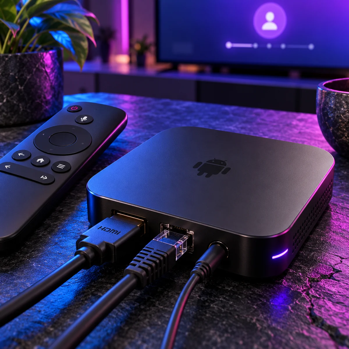 Android TV kutusu, kumanda ve HDMI ile Ethernet bağlantılarının yakından görünümü