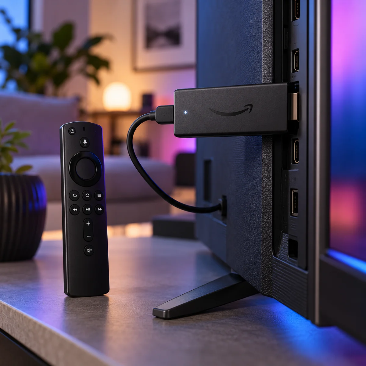 Televizyonun HDMI girişine takılan siyah yayın çubuğu ve güç kablosu