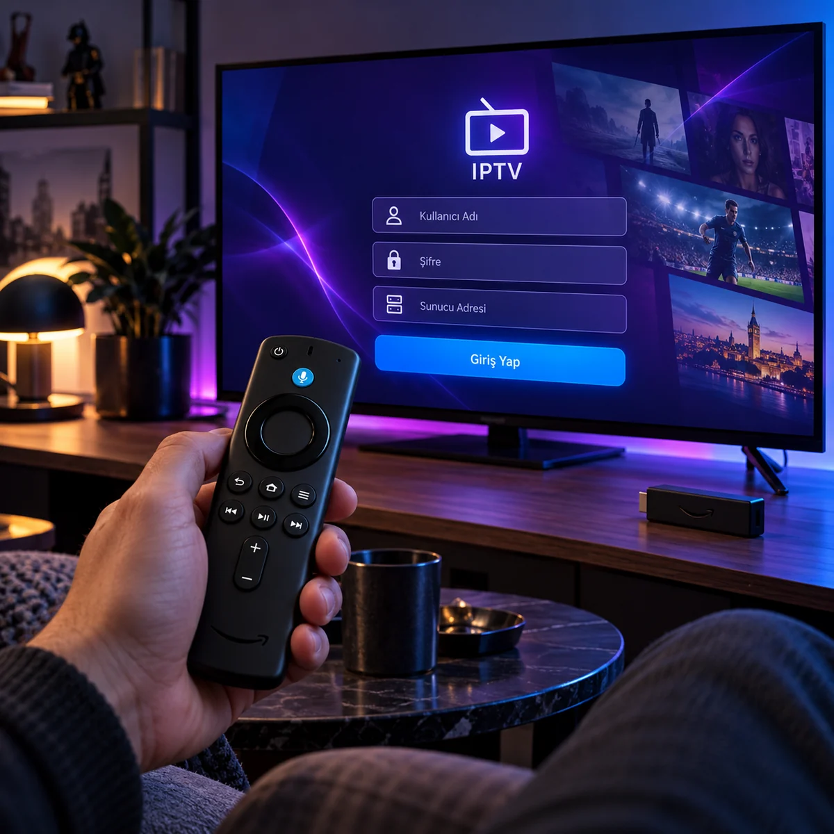 Fire TV kumandası yanında Smarters türü hesap giriş alanlarını gösteren televizyon