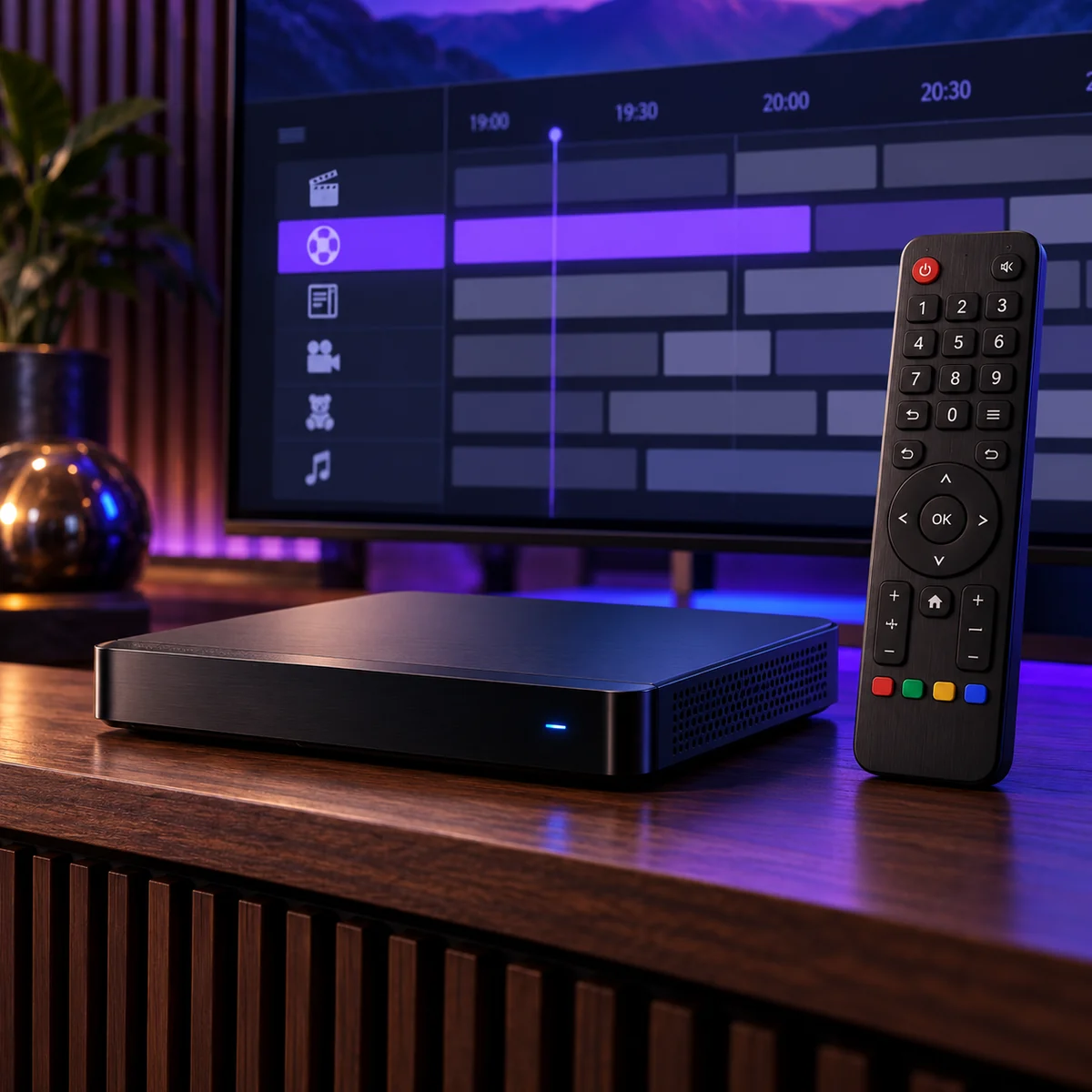 Formuler türü alıcı kutusu ve sayısal kumanda arkasında IPTV program rehberi