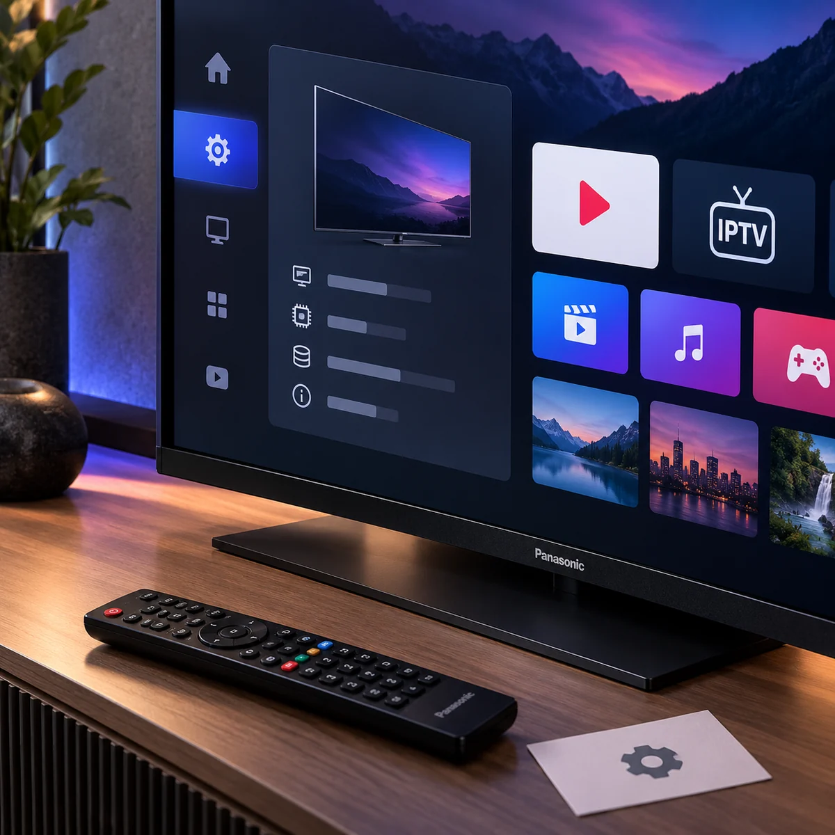 Panasonic türü televizyon yanında model ve sistem kontrolünü gösteren kurulum sahnesi