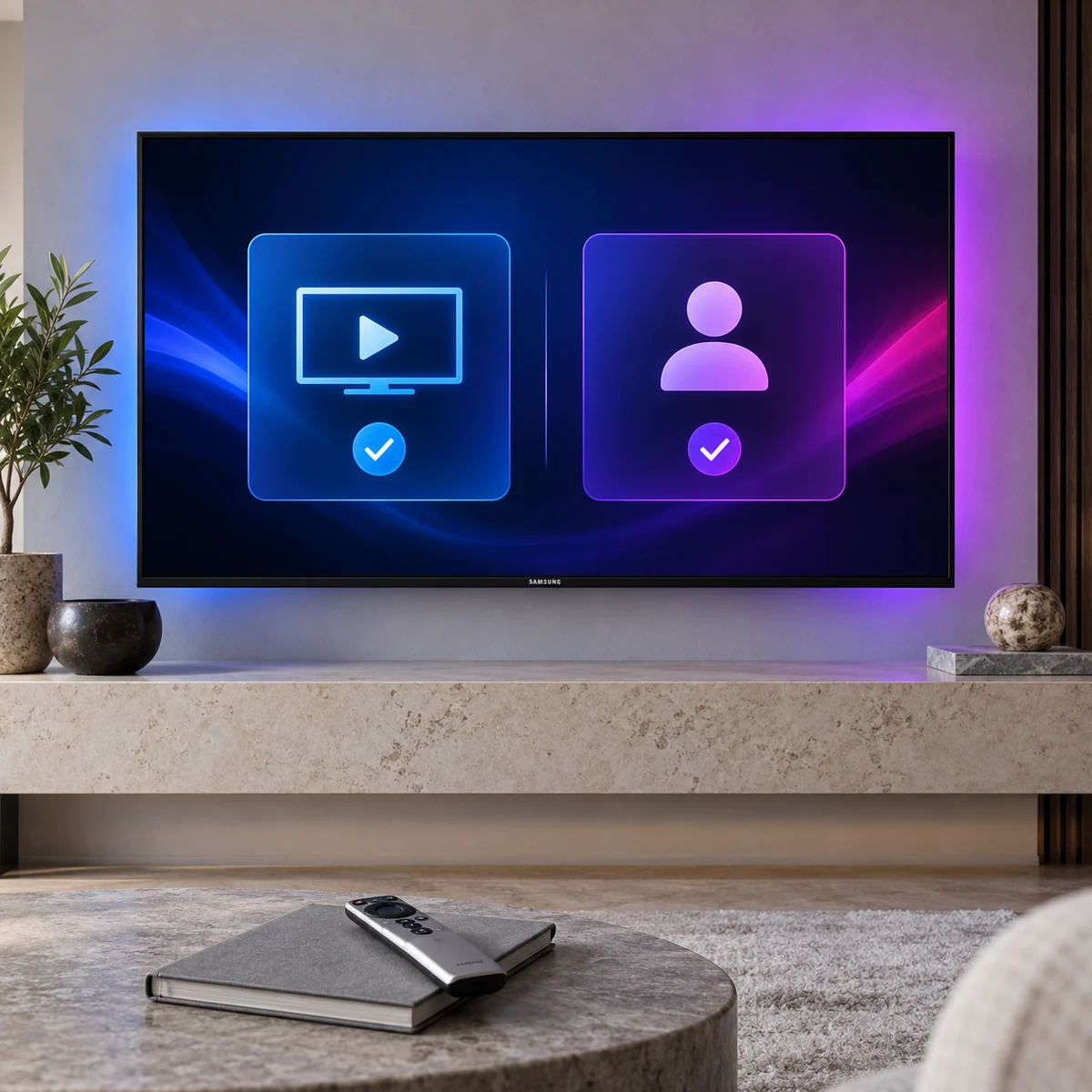 Samsung türü televizyon ekranında oynatıcı ve hizmet hesabının ayrı gösterildiği kontrol paneli