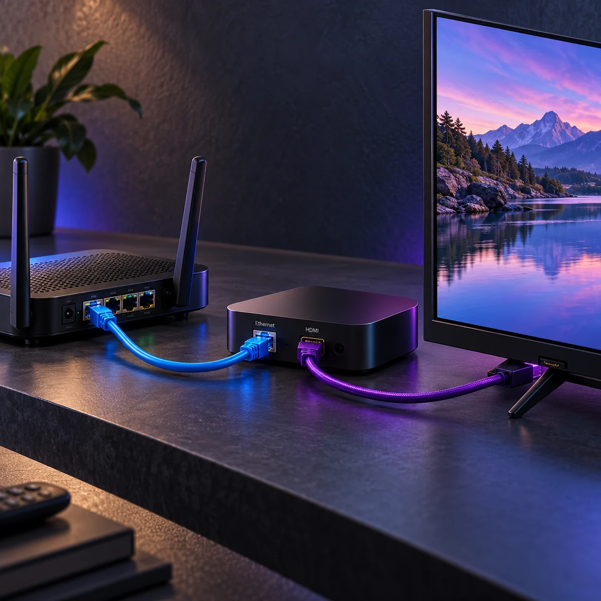 Modem, TV kutusu ve ekranın Ethernet ile HDMI kablolarıyla bağlanması